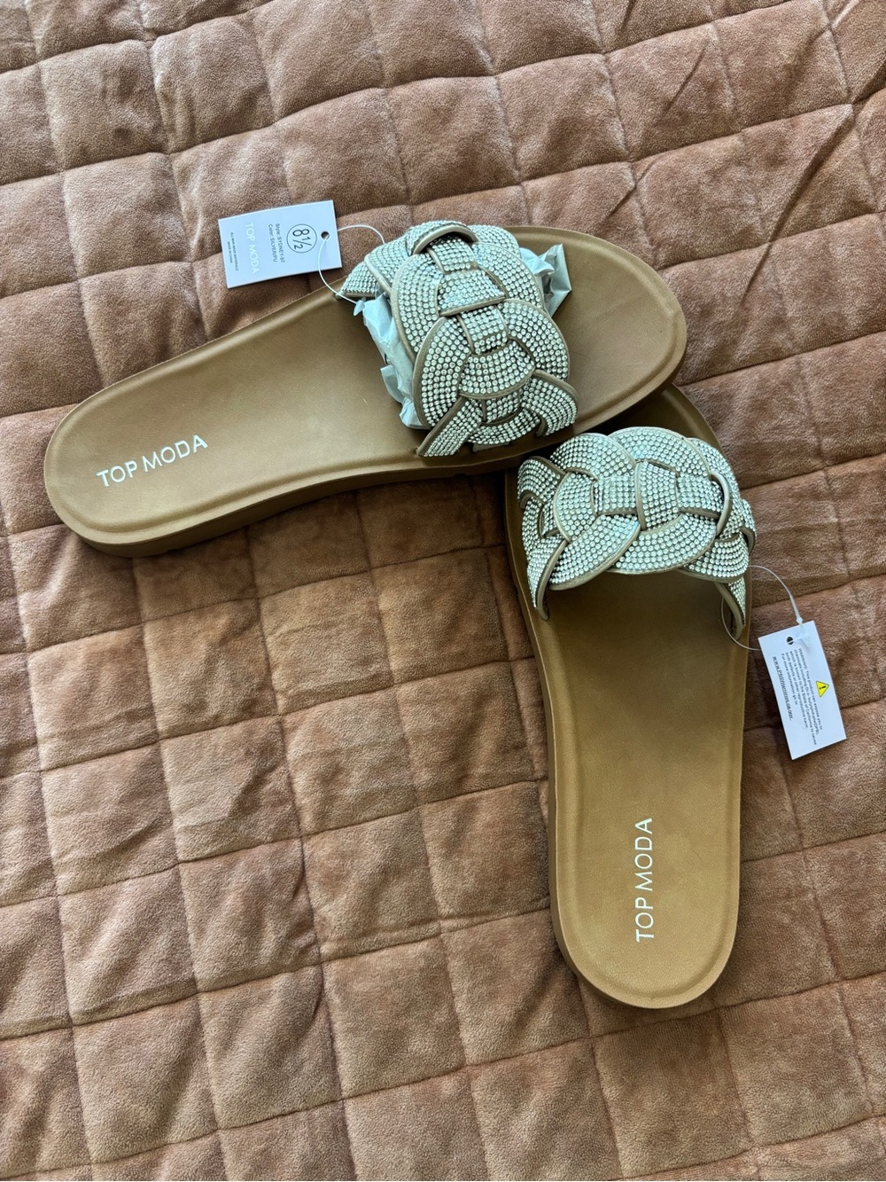 TOP Moda Beige Braided Slide Sandals with Embellished Strap